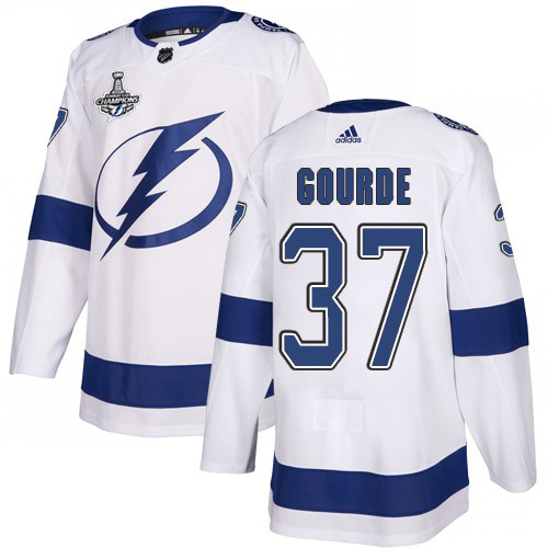 Men Adidas Tampa Bay Lightning #37 Yanni Gourde White Road Authentic 2020 Stanley Cup Champions Stitched NHL Jersey